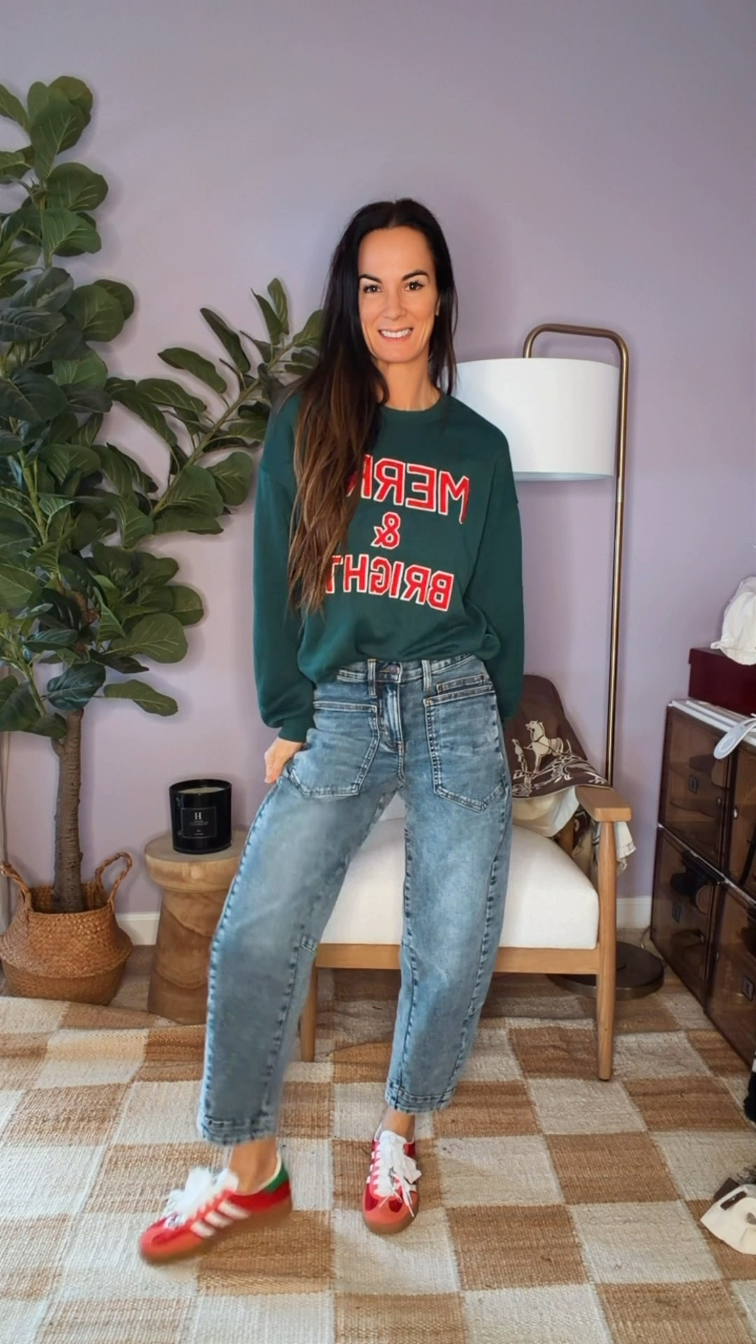 Festive, comfy, and just the right amount of extra 🎄✨ 

This is my kind of holiday uniform—cozy layers, fun denim, and playful details that make getting dressed feel fun. From casual days to festive errands, this look is on repeat all season long ❤️💚

#NicoleColeeStyle #HolidayStyle #FestiveFits #CasualChic #DenimLovers #FunJeans #HolidayOutfitInspo #WinterStyle #EverydayFestive #LTKStyle #LTKFinds #StyledByNicole #FashionOver40 #EffortlessStyle #CozyChic #nicolecolee 



#LTKGiftGuide #LTKSeasonal #LTKHoliday