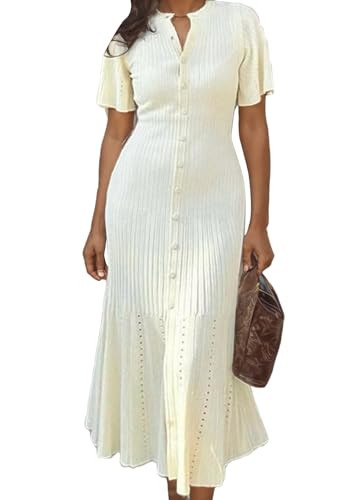 LAJIOJIO Knit Long Dress Women,Elegant Button Down Short Sleeve Slim Fit Dresses Apricot | Amazon (US)