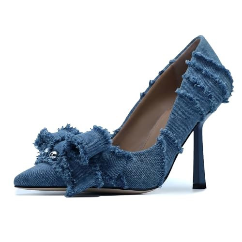 TerraStride Denim Heels for Women, Fringe Bow Pumps, Blue, 6.5 | Amazon (US)