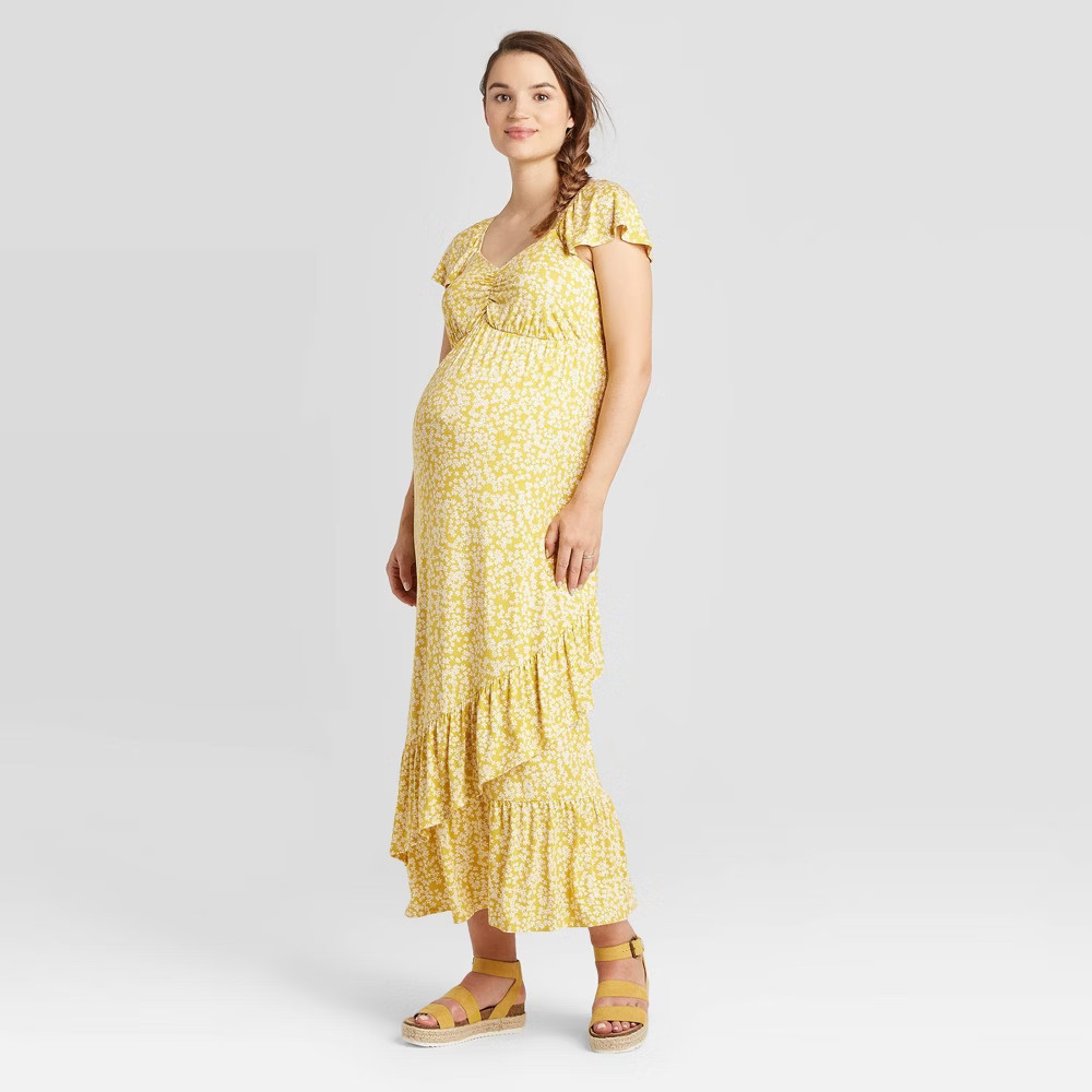 Floral Print Short Sleeve Knit Maternity Dress - Isabel Maternity by Ingrid & Isabel Yellow L | Target