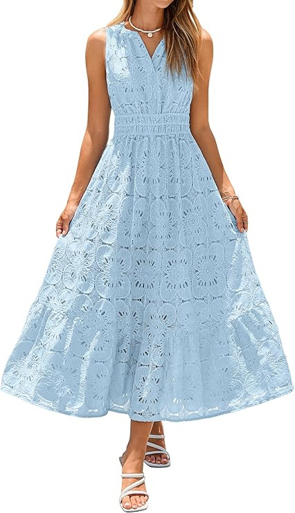 Simplee Women Summer Lace Eyelet Maxi Dress 2026 Sleeveless Casual V Neck A Line Boho Flowy Beach... | Amazon (US)