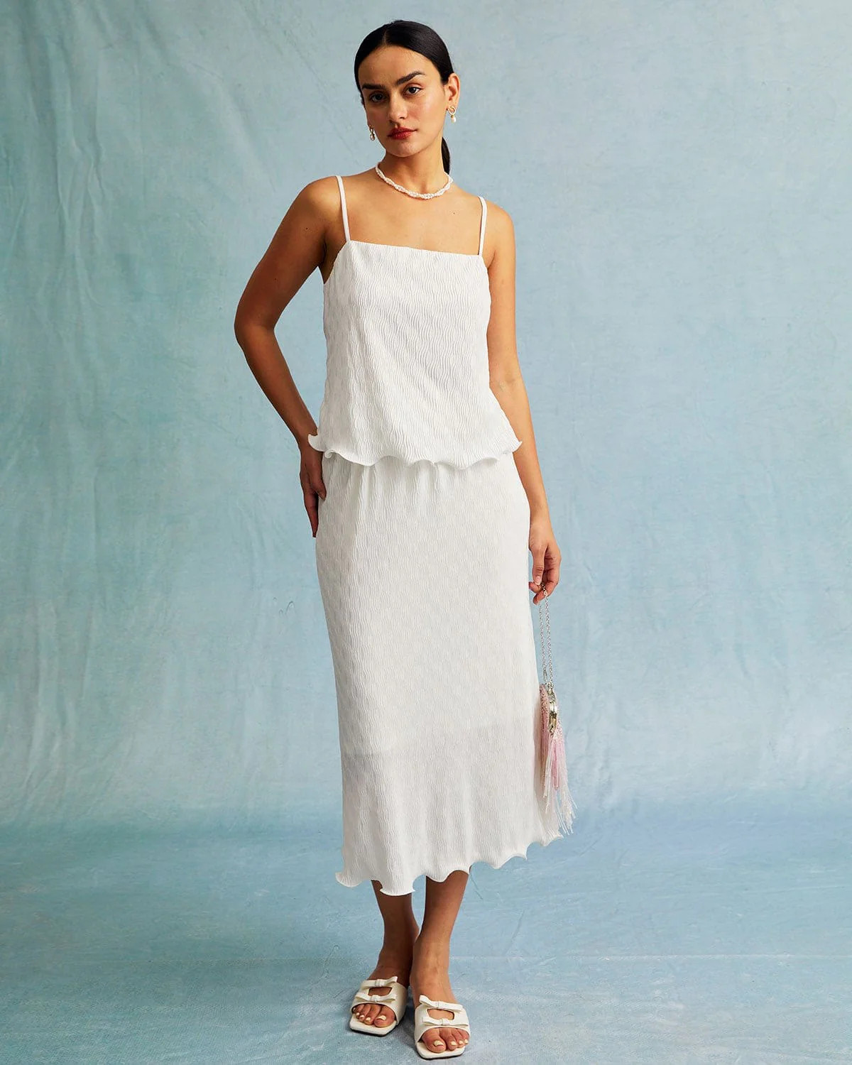 The White Water Ripple Textured Hem Midi Skirt & Reviews - White - Bottoms | RIHOAS | rihoas.com