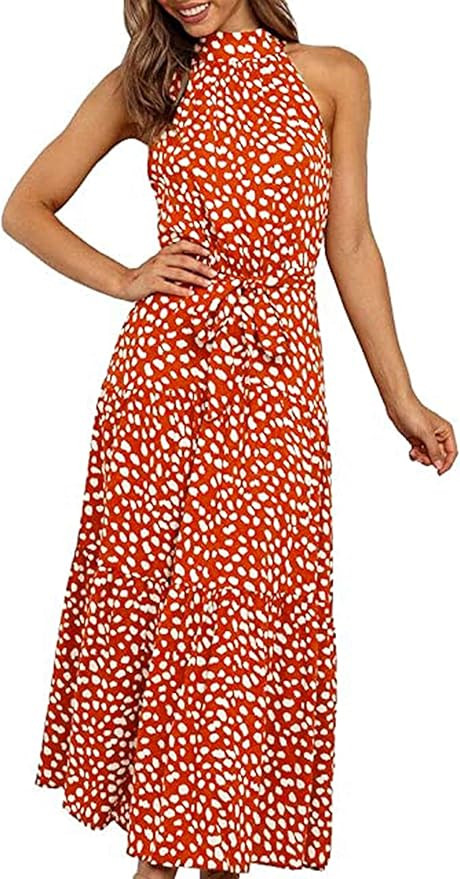 ECOWISH Women Dress Halter Neck Boho Floral Print Sleeveless Casual Backless Maxi Dresses | Amazon (US)
