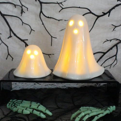 Light Up Ghost Halloween Decor, 2Pcs Ceramic Ghost Figurine Light Halloween Ghost Decor Ghost Ornaments for Indoor Halloween Party Table Home Table Tray (White, 1 Pack) | Amazon (US)