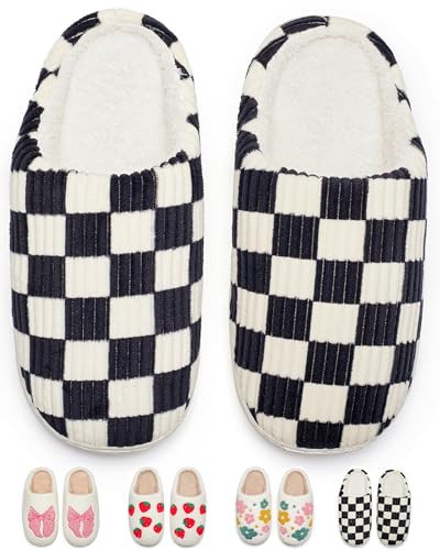 Black Checkered Slippers for Women Men Warm Cozy House Shoes Fuzzy Home Slippers with Memory Foam Indoor and Outdoor（Checkered36/37) | Amazon (US)