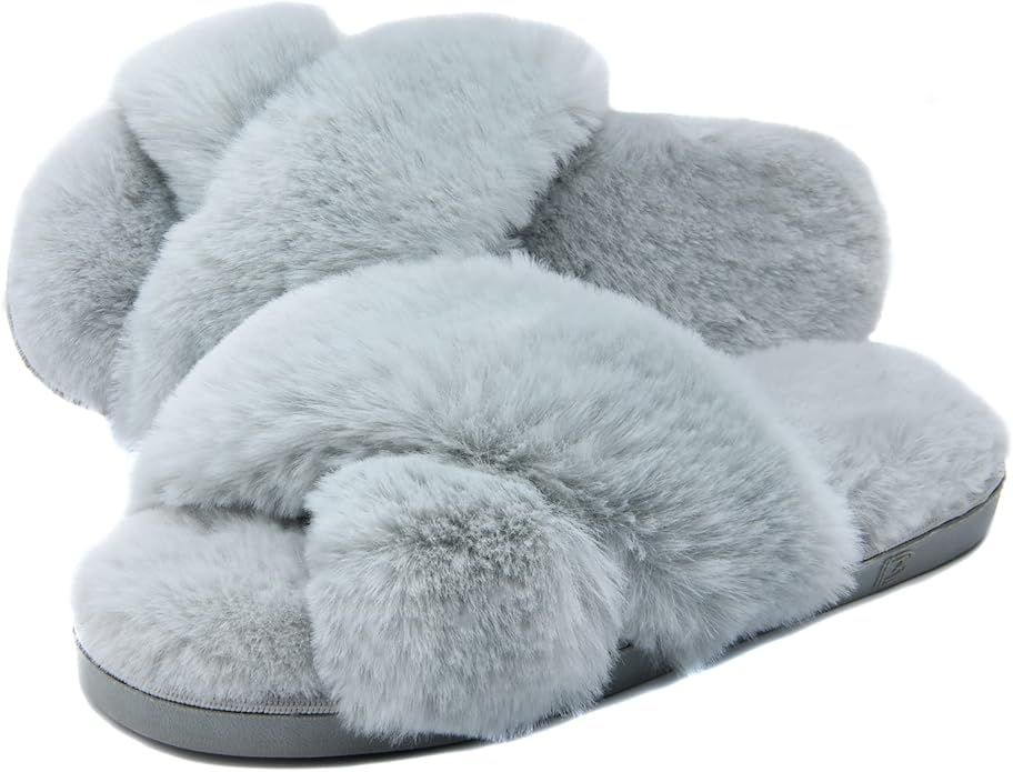 Dena lives Ladies FLuffy Cross Band House Slippers, Fuzzy Memory Foam Open Toe Slipper For Womens... | Amazon (UK)