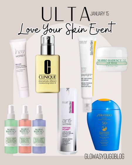 Ulta Love Your Skin Event! 50% off daily beauty steals and 30% off weekly beauty deals. 

Shisedio. StriVectin. Hey Honey. CLINIQUE. MARIO BADESCU. Neutrogena. Skincare. Healthy skin. Wrinkle reducer. Moisturizer. Makeup remover. 

#LTKbeauty #LTKsalealert