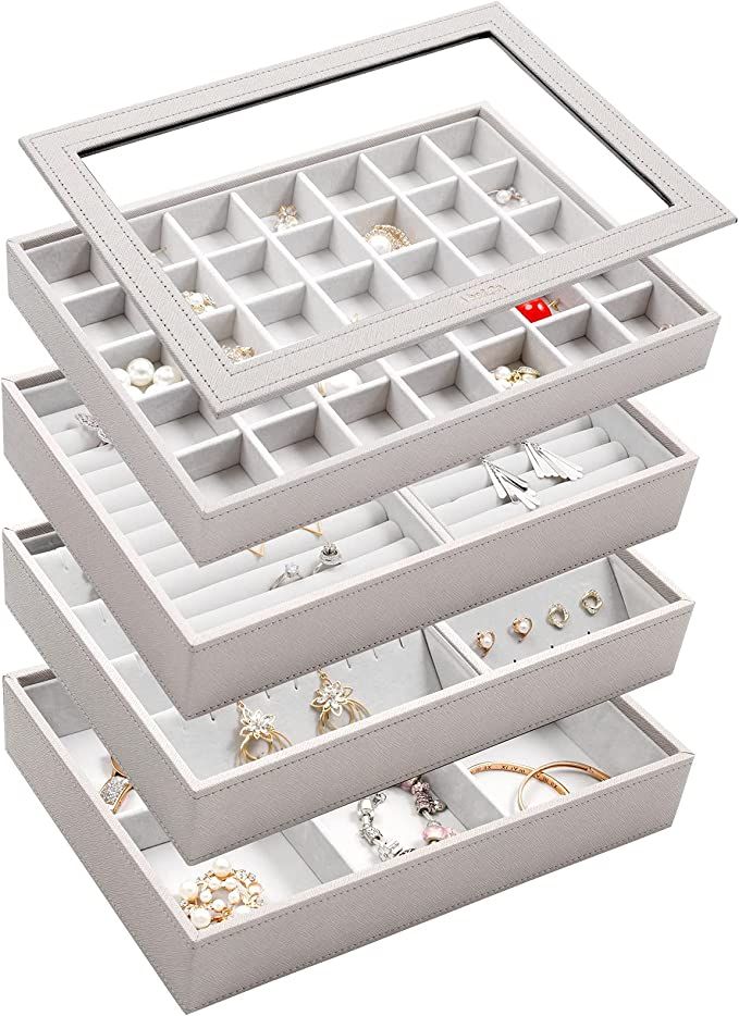Vee Upgraded Jewelry Trays Organizer with Lid, 4-Layer High-Capacity Stackable Jewelry Storage Ea... | Amazon (US)