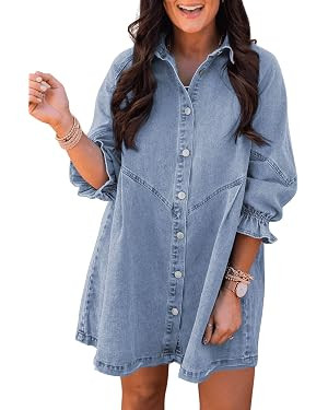 Sidefeel Womens Smocked 3 4 Sleeve Button Down Denim Jeans Dresses | Amazon (US)