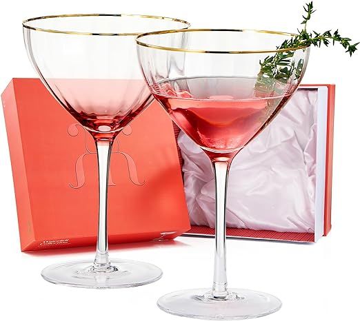 Champagne & Cocktail Blush Pink Ribbed Coupe Glasses | Set of 2 | Gold Rim Waterfall Shaped Glass... | Amazon (US)