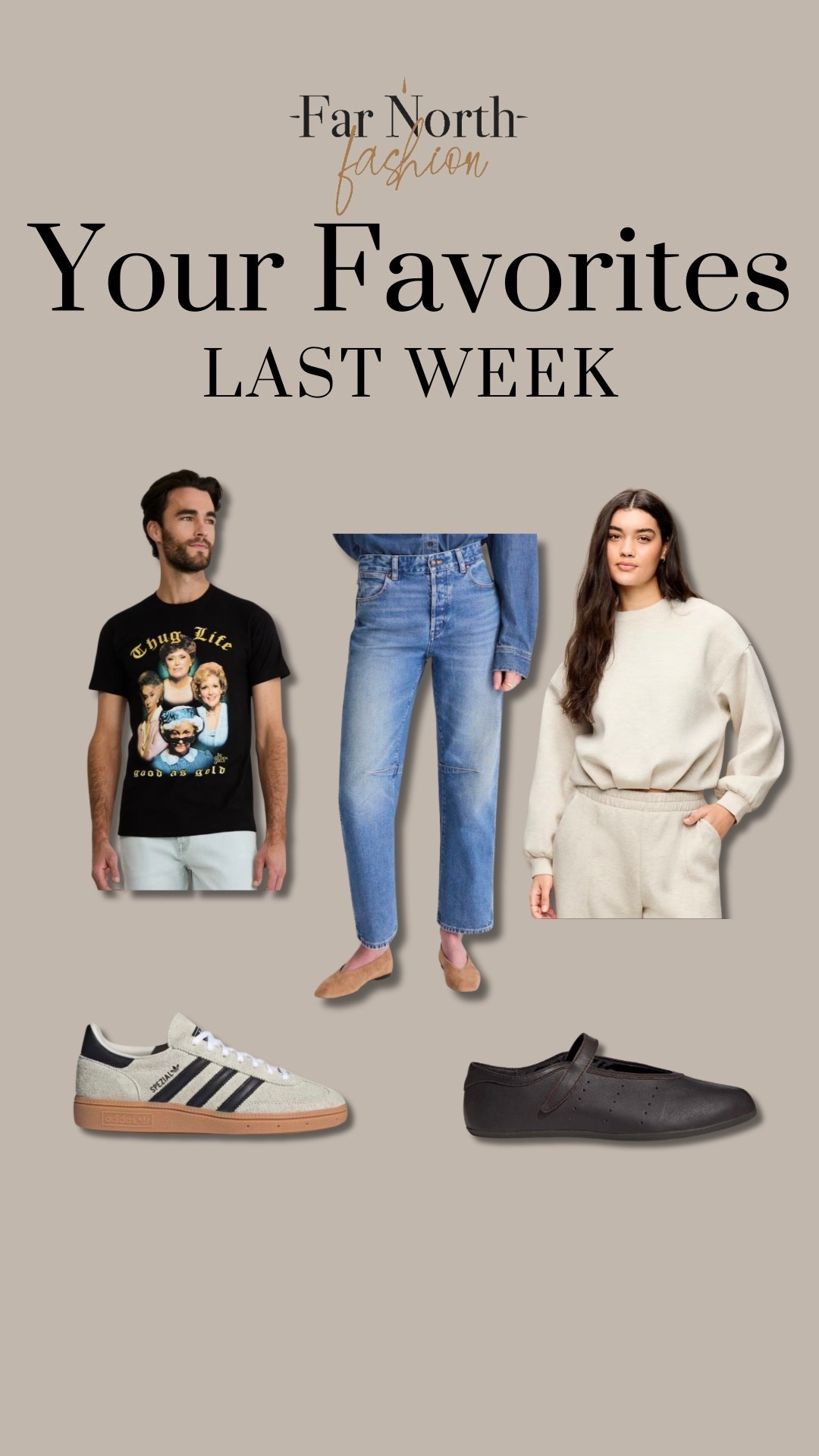 Last week’s best sellers:
1. Madewell barrel jeans
2. Adidas Spezials
3. Adidas ballet flat
4. Old Navy sweatshirt 
5. Graphic tee
@Madewell @adidas

#LTKMidsize #LTKOver40 #LTKSaleAlert