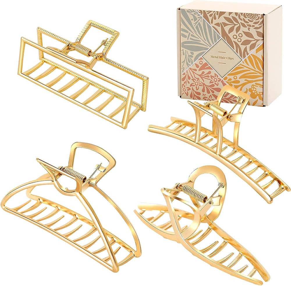 4 Pack Large Gold Hair Claw Clips for Women Thick Hair, Non-Slip Hair Catch Barrette Jaw Clamp, F... | Amazon (US)