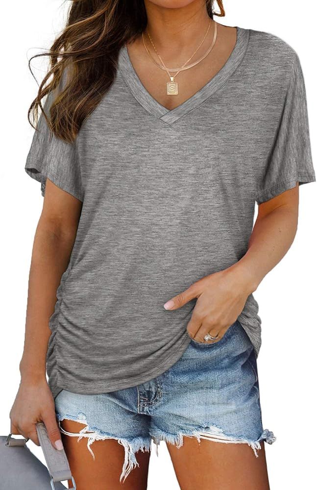 WIHOLL Womens Short Sleeve V Neck Dolman Tops with Side Shirring Loose Fit Shirts | Amazon (US)