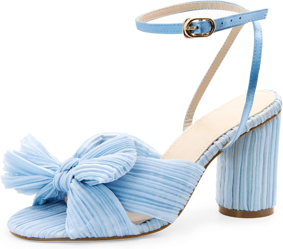 MUCCCUTE Women's Bow Knot Heeled Sandals Ankle Buckle Strap Chunky Heeled Open-toe Comfortable Weddi | Amazon (US)