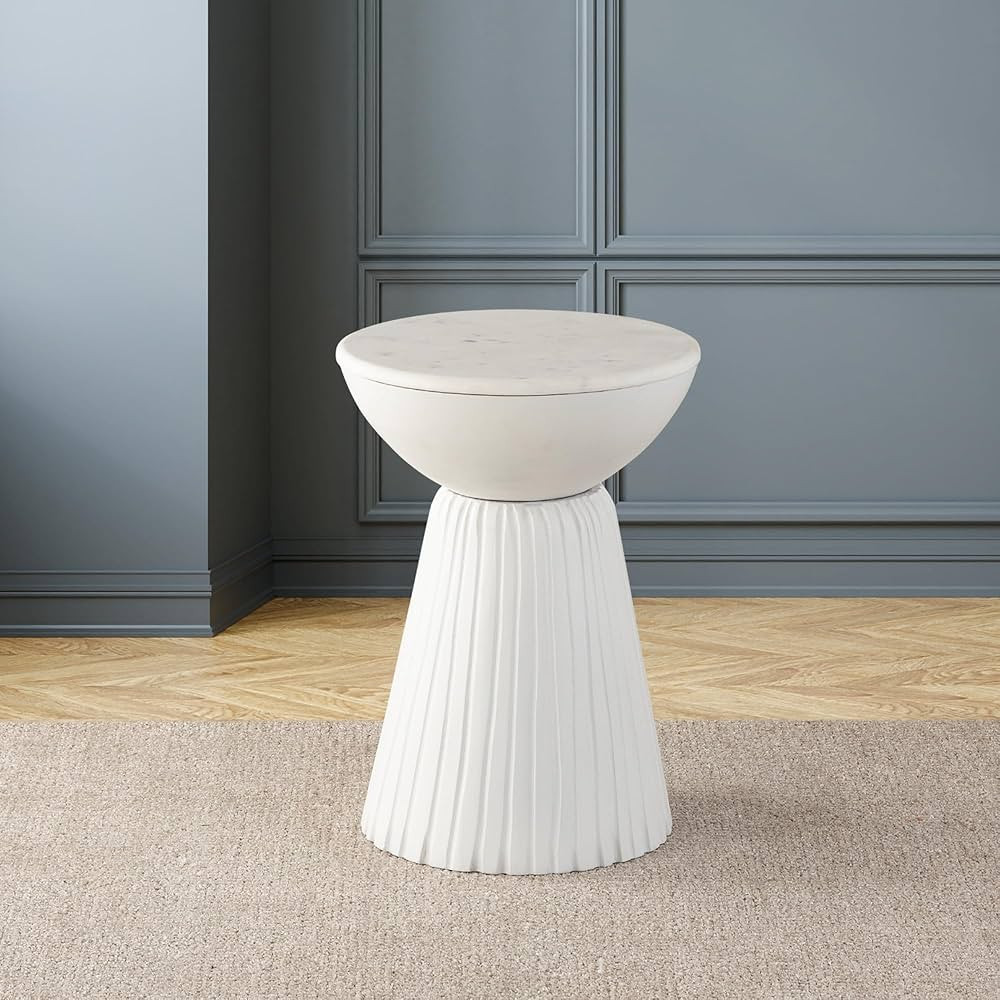 Marble Top Solid Mango Wood Decorative Cylindrical Pedestal Side/End Table, White | Amazon (US)