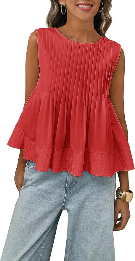 Womens Summer Pleated Peplum Sleeveless Blouse Tank Tops Round Neck Y2K Babydoll Blouse Shirt | Amazon (US)