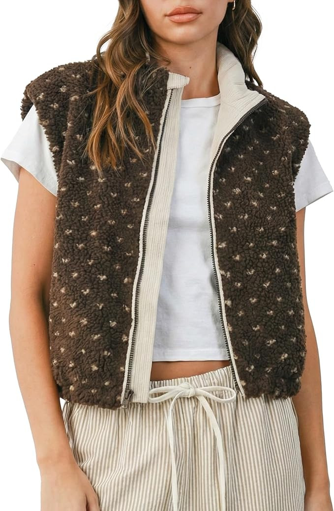 Slouchy Fleece Jacket Women Sleeveless High Neck Full Zipper Polka Dot Sherpa Vest Fuzzy Waistcoa... | Amazon (US)