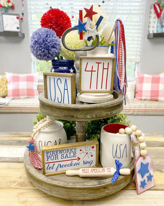 4th of July, Independence Day, Memorial Day farmhouse style tiered tray set! Red white & blue Ame... | Etsy (US)