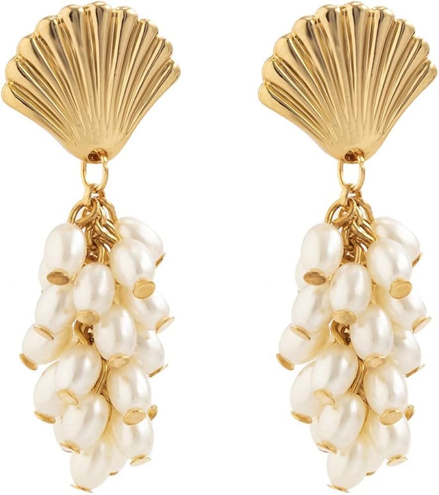 Baroque Gold Long Tassel Earrings Boho Pearl Drop Dangle Tassel Earrings Gold Long Huggie Hoop Earri | Amazon (US)