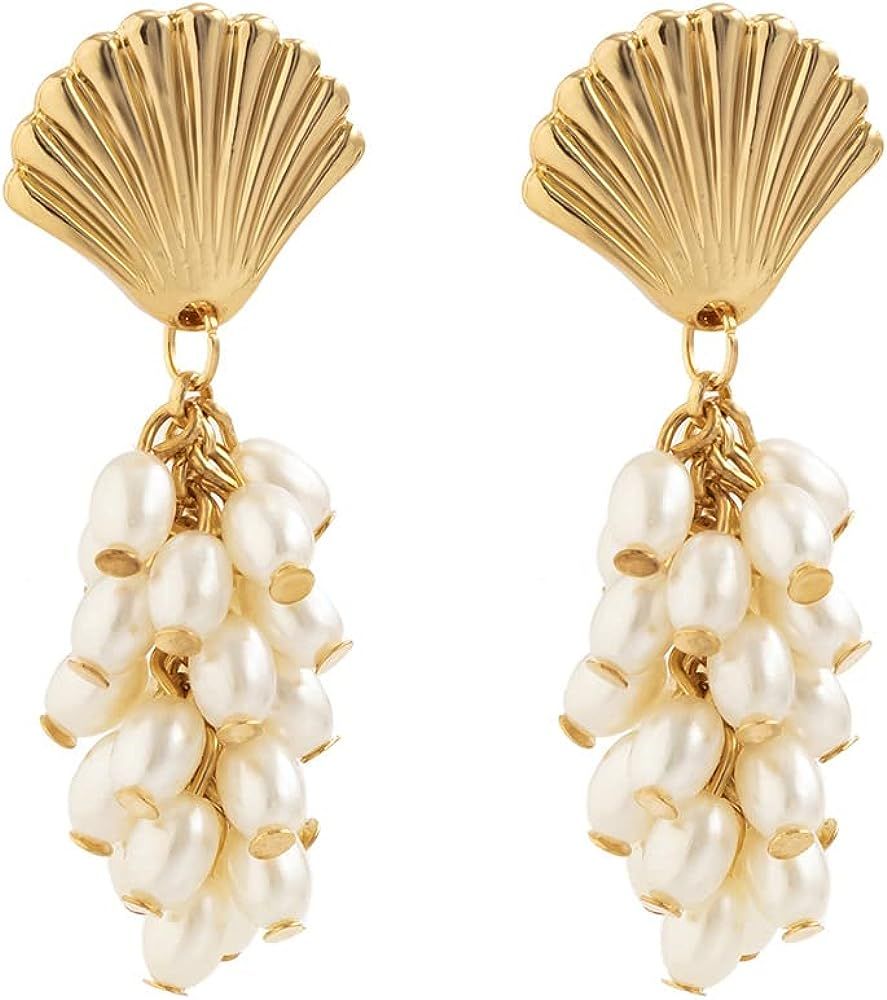 Baroque Gold Long Tassel Earrings Boho Pearl Drop Dangle Tassel Earrings Gold Long Huggie Hoop Earri | Amazon (US)