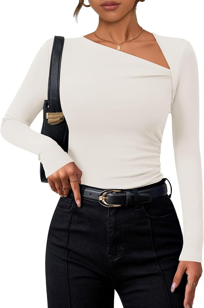ZESICA Women's Long Sleeve Tops 2025 Spring Asymmetrical Neck Slim Fitted Sexy Y2K Knit Shirts Cl... | Amazon (US)