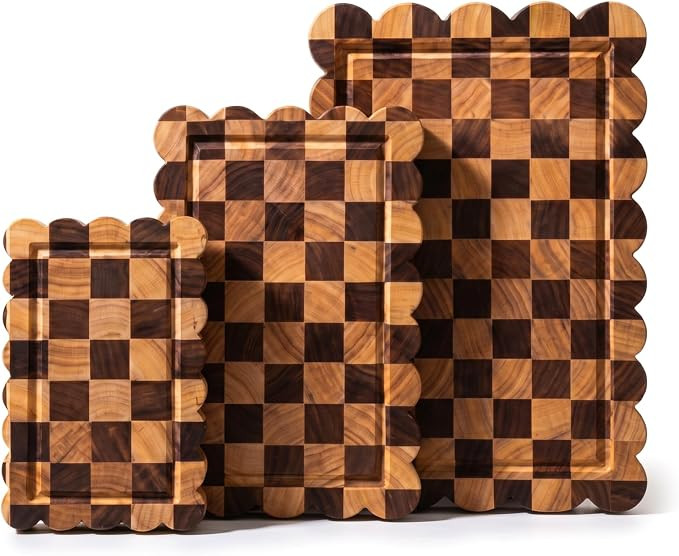 Nuanchu 3 Pcs Checkered Scalloped Cutting Board for Kitchen, Wood Chopping Board with Juice Groov... | Amazon (US)