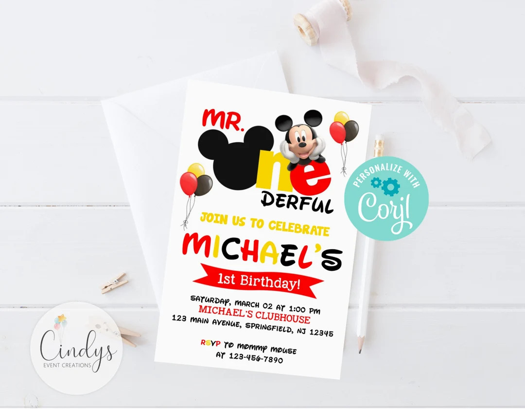 Editable Mickey Mouse Birthday Invitation, First Birthday, Mr. Onederful - Etsy | Etsy (US)