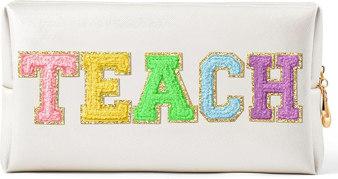 CY2SIDE TEACH Letter Makeup Bag - Colorful TEACH Chenille Letter Patch Cosmetic Bag White PU Leat... | Amazon (US)