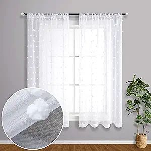 White Curtains 45 Inch Length for Bathroom Window Set 2 Panel Rod Pocket Half Semi Privavy Floral... | Amazon (US)
