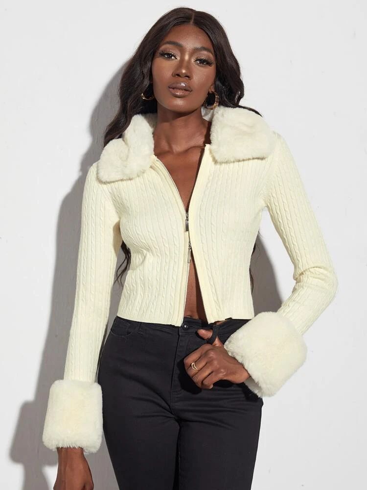 Cable Knit Zipper Cardigan With Removable Collar | SHEIN