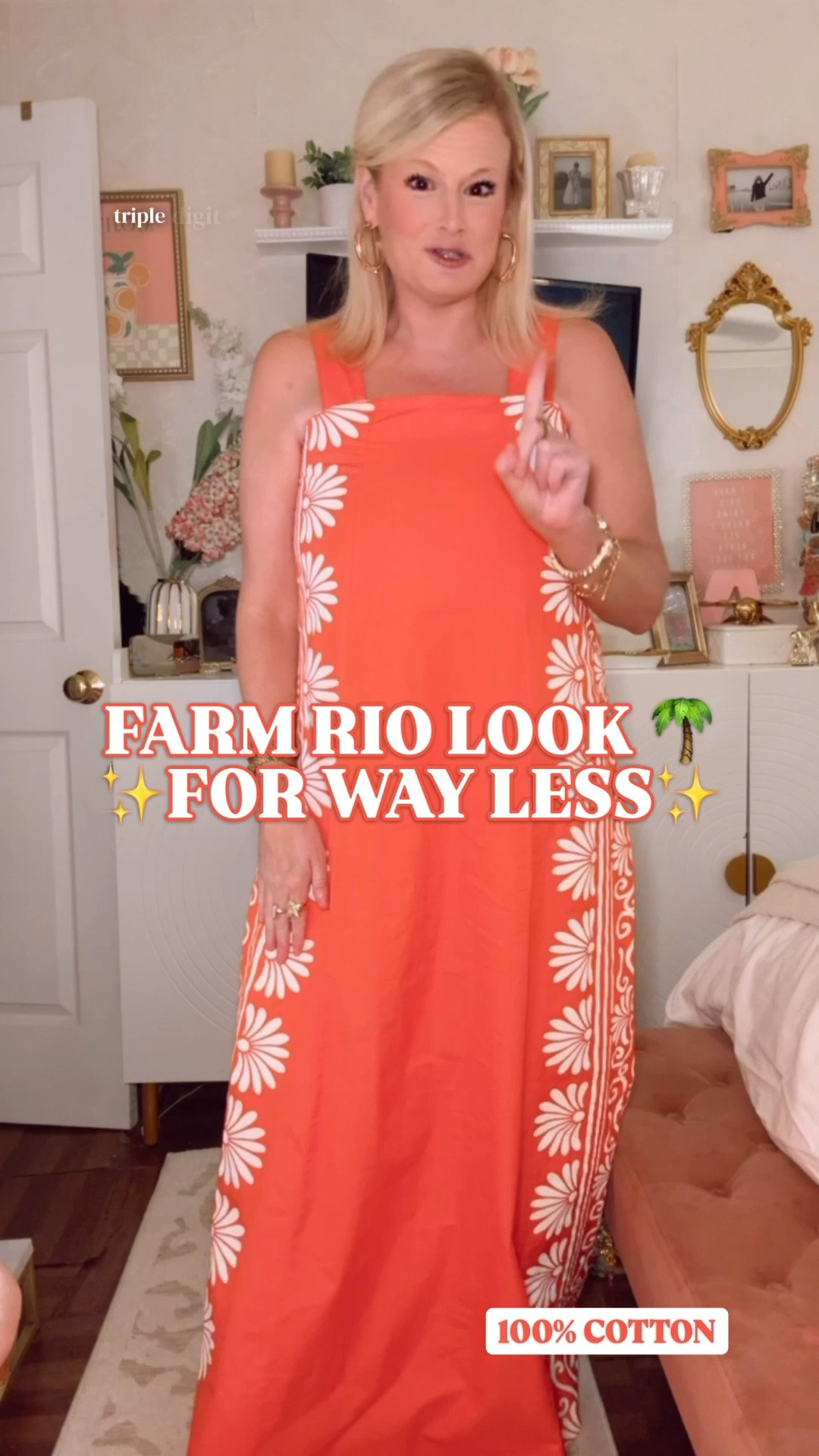 Farm Rio look for less | coral maxi dress | cotton resort dress | beach vacation dress | summer maxi dress

This coral maxi dress is giving Farm Rio resort energy for way less, and the quality is so good.

The bold coral color, oversized white floral border print, square neckline, tie straps, easy A-line shape, and full maxi length make it look like the kind of colorful resort dress that could easily retail for triple. It has that vacation dress that does the whole outfit feeling.

It is 100% cotton and fully lined with cotton lining too, which makes it feel much more elevated than expected. 

I’m in a size medium. I would say it runs true to size, but it is a little long on me at 5’4”. I will link a petite option too if one becomes available.

This is such a strong dress for beach vacations, resort dinners, cruises, tropical getaways, poolside lunches, coastal shopping days, summer parties, birthday dinners, girls trips, vacation family photos, patio dinners, and warm weather plans. 

Style it with gold sandals, raffia slides, pearl earrings, a straw tote, woven clutch, wedges, or flat sandals for an easy colorful summer outfit.

Farm Rio look for less, Farm Rio inspired dress, coral maxi dress, orange maxi dress, cotton maxi dress, 100 cotton dress, cotton lined dress, summer maxi dress, resort dress women, vacation dress women, beach vacation dress, tropical vacation dress, cruise outfit women, square neck dress, tie strap dress, A-line maxi dress, Palm Beach style dress, colorful summer dress, designer look for less, Belk dress, Crown and Ivy dress

#LTKFindsUnder50 #LTKFindsUnder100 #ResortStyle #FarmRio #LookForLess #VacationOutfit #SummerOutfits #LillyPulitzer #ToryBurch #TrinaTurk #SummerDresses #SummerDress

#LTKSaleAlert #LTKWedding #LTKTravel