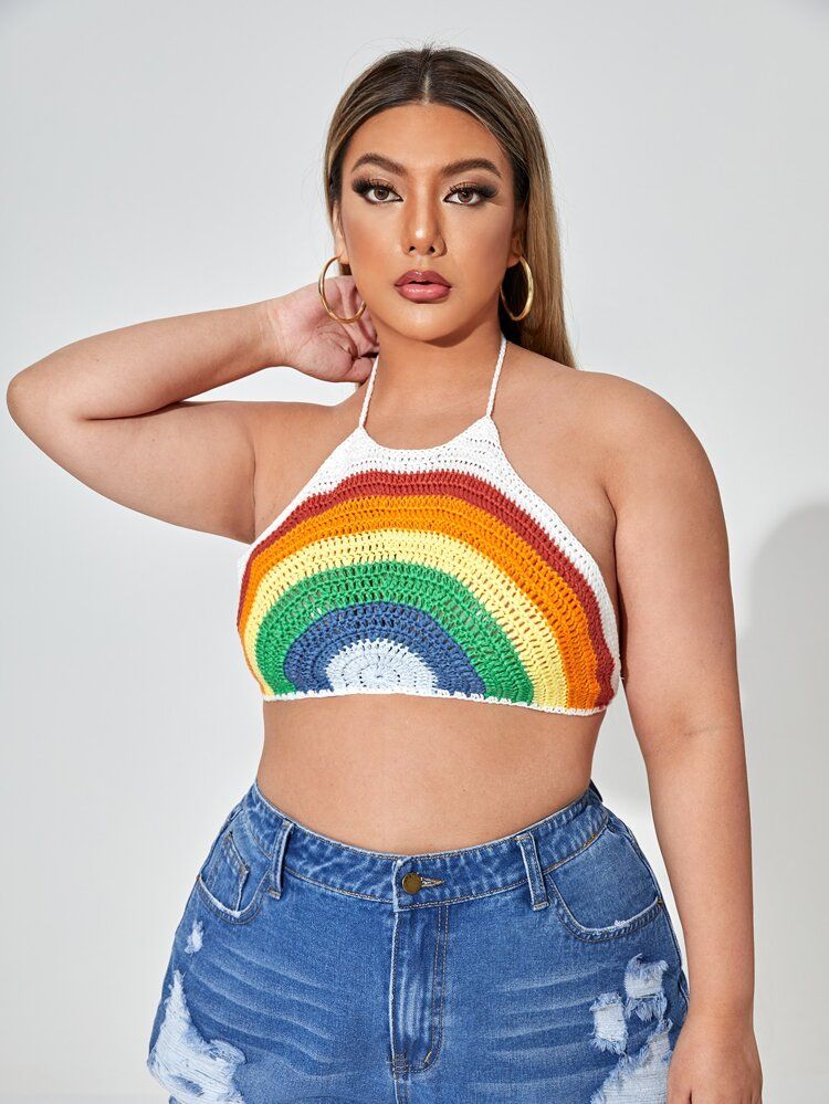 Plus Rainbow Striped Crochet Cover Up | SHEIN