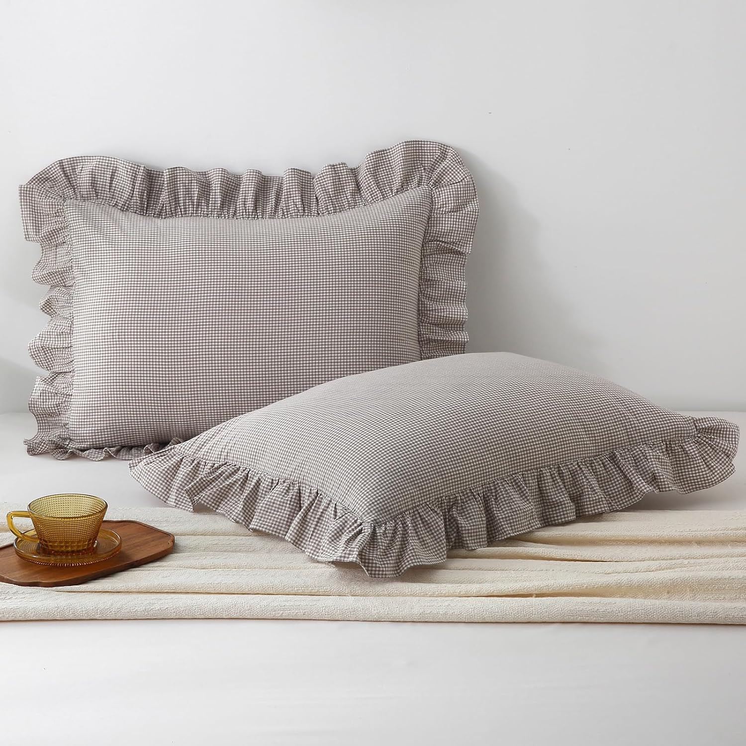 Aryeleay 2 Pack Brown White Plaid Gingham Ruffle Pillow Shams Standard Size 20x26 inches, 100% Wa... | Amazon (CA)
