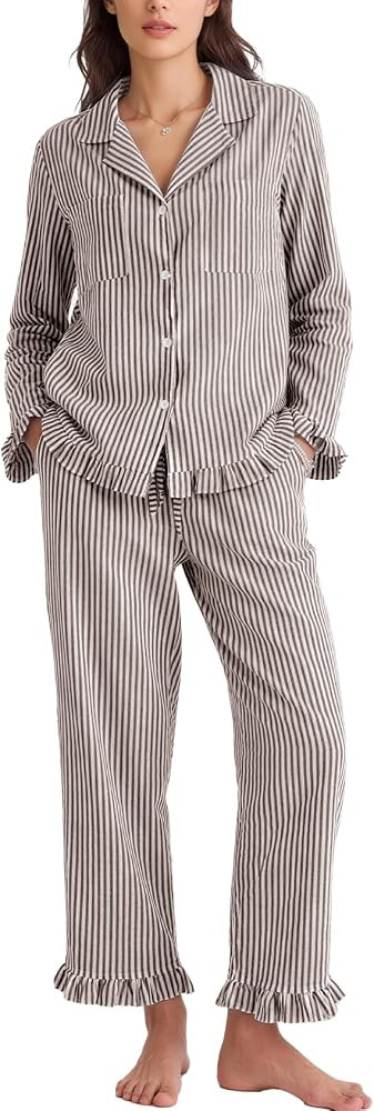 Flygo Women's 100% Cotton Pajamas Set Striped Soft Long Sleeve Sleepwear | Amazon (US)