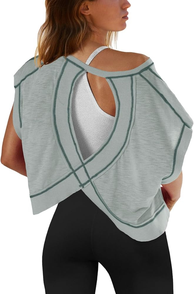 SENSERISE Womens Open Back Workout Tops Backless Short Sleeve Athletic Shirt Running Crop Top Gym... | Amazon (US)