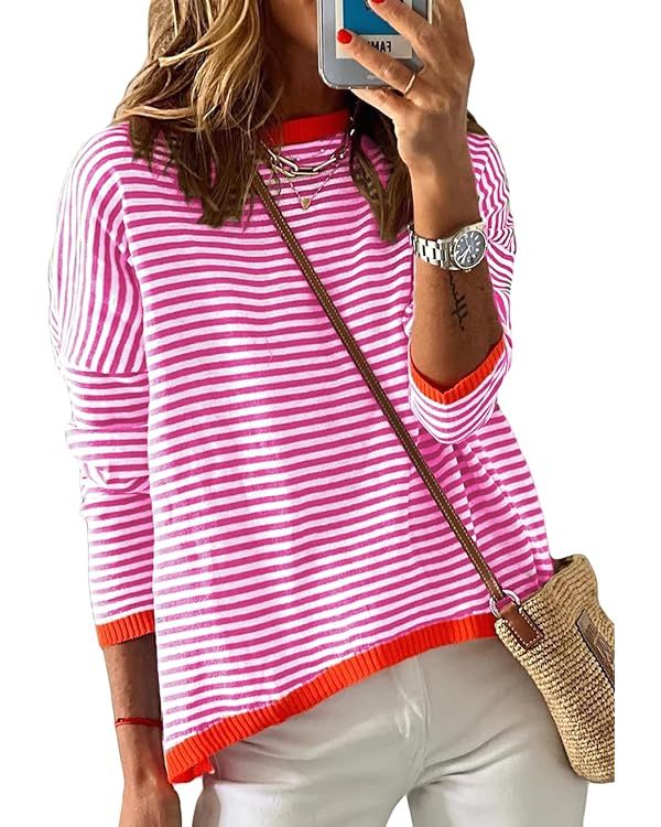 Dokotoo Womens Crewneck Long Sleeve Sweaters Casual Striped Color Block Drop Shoulder Cotton Pull... | Amazon (US)