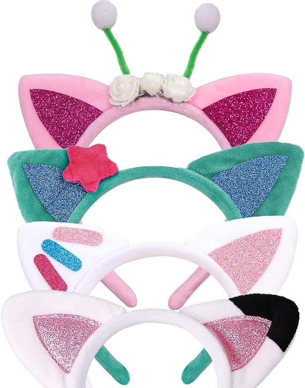 Creatoy Cat Ears Headbands, 4pcs Dollhouse Birthday Party Accessories, Flannel Cartoon Cosplay He... | Amazon (US)