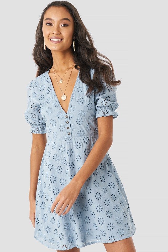 Cotton Anglaise Mini Dress Blau | NA-KD DE, AT, CH