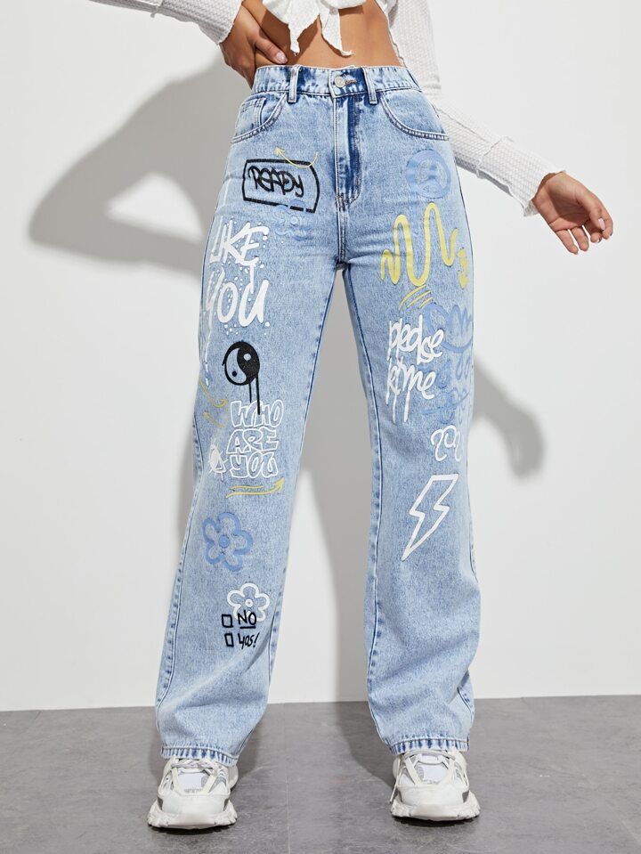 SHEIN ICON Slogan and Yin & Yang Print Jeans | SHEIN