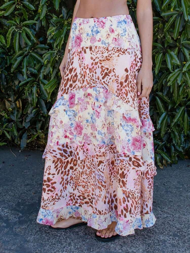 Aralina Drop Waist Printed Leopard Tiered Frill Maxi Skirt5.00(5) | SHEIN