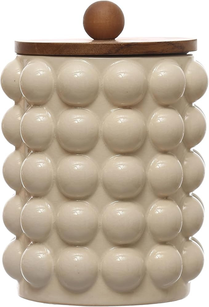 Creative Co-Op 5.75 Inches Round Stoneware Raised Dots and Acacia Wood Lid, White and Natural Can... | Amazon (US)