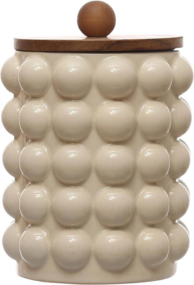 Creative Co-Op 5.75 Inches Round Stoneware Raised Dots and Acacia Wood Lid, White and Natural Can... | Amazon (US)