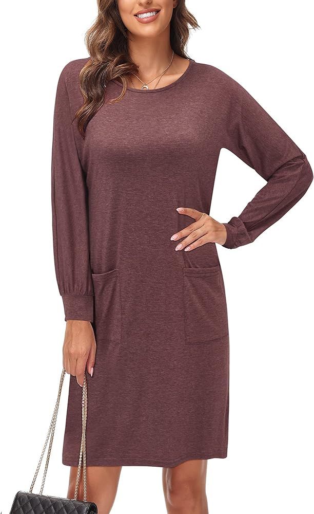 KILIG Women Casual Long Sleeve Dresses Loose T-Shirt Knee Length Dress with Pockets | Amazon (US)