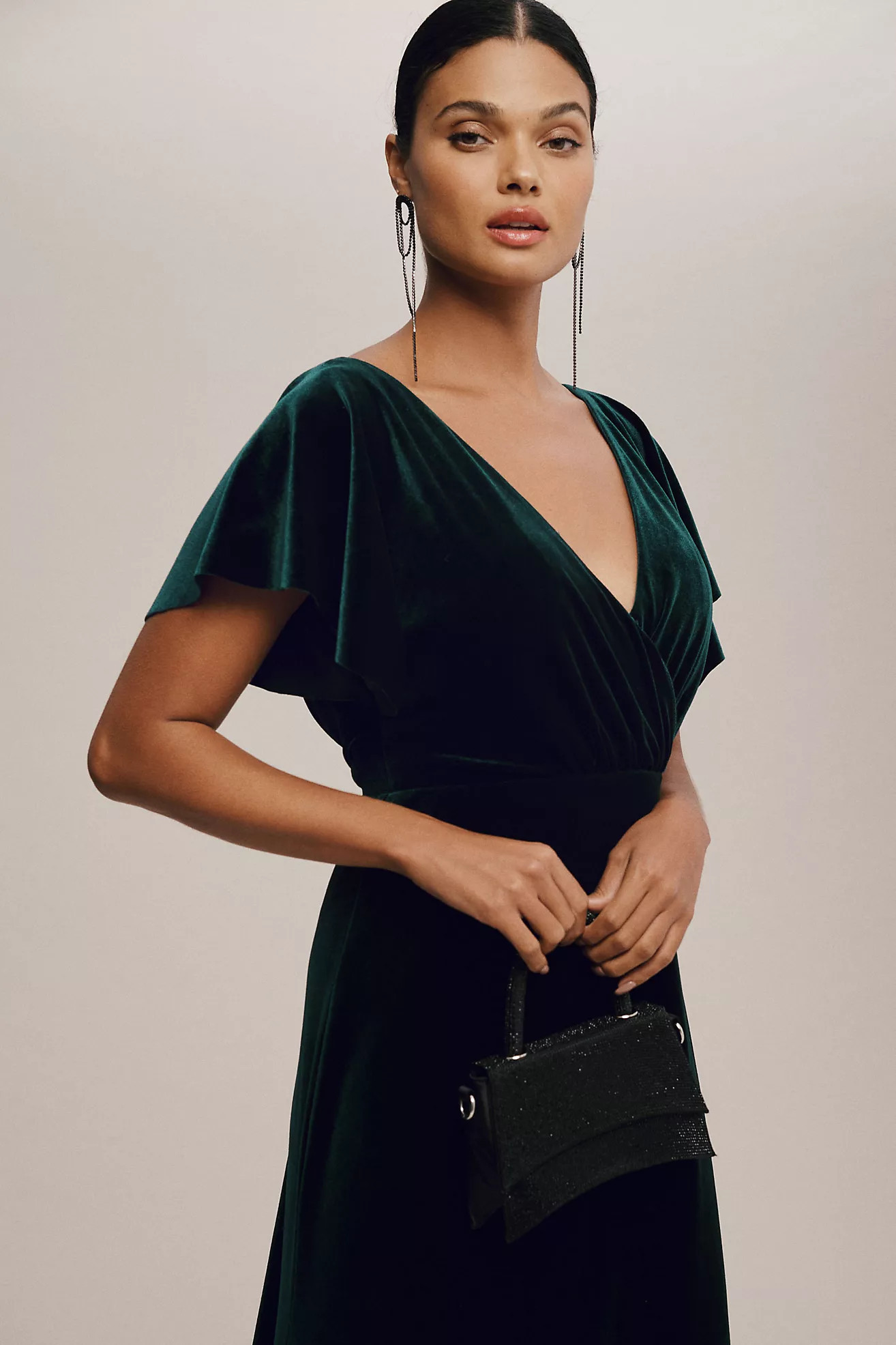 Jenny Yoo Ellis Flutter-Sleeve Open-Back Stretch Velvet Gown | Anthropologie (US)
