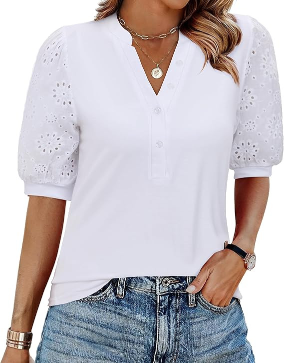 Women Tops Henley V Neck Button Up Shirt Embroidered Short Sleeve Blouses Business Dressy Casual ... | Amazon (US)