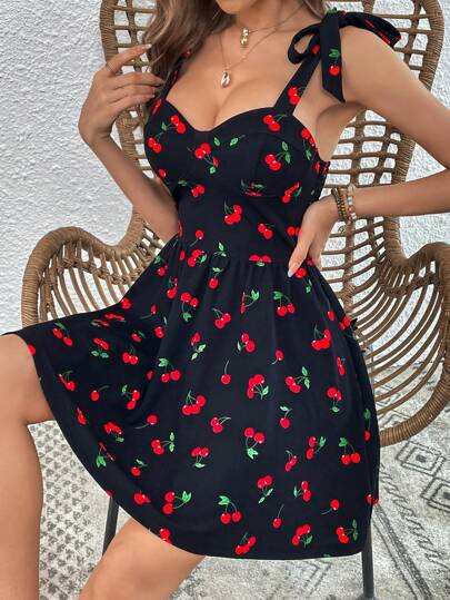 SHEIN VCAY Cherry Print Tie Shoulder Cami Dress | SHEIN