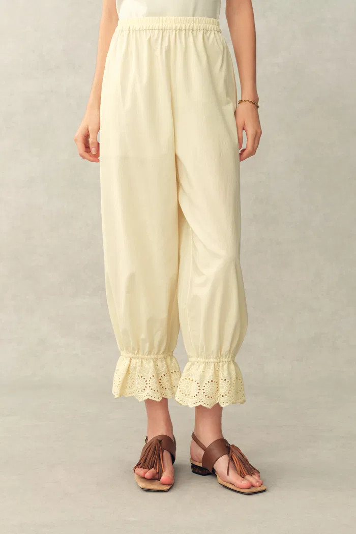 Hazel Lace Panel Balloon Leg Cropped Pants in Silk-Cotton Blend | Fabrique
