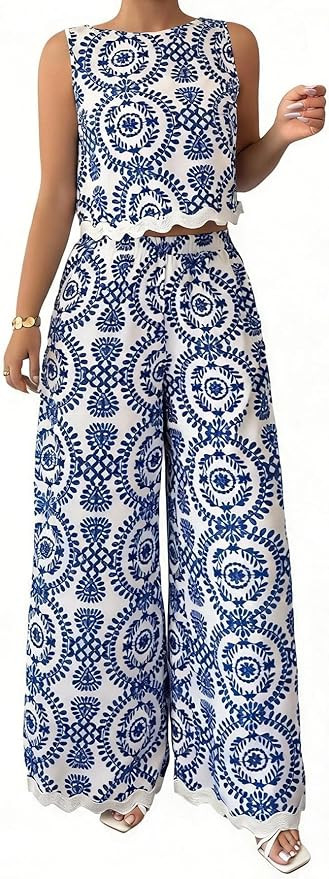 WDIRARA Women's Boho 2 Piece Pants Outfits Sleeveless Crop Tank Top Set | Amazon (US)