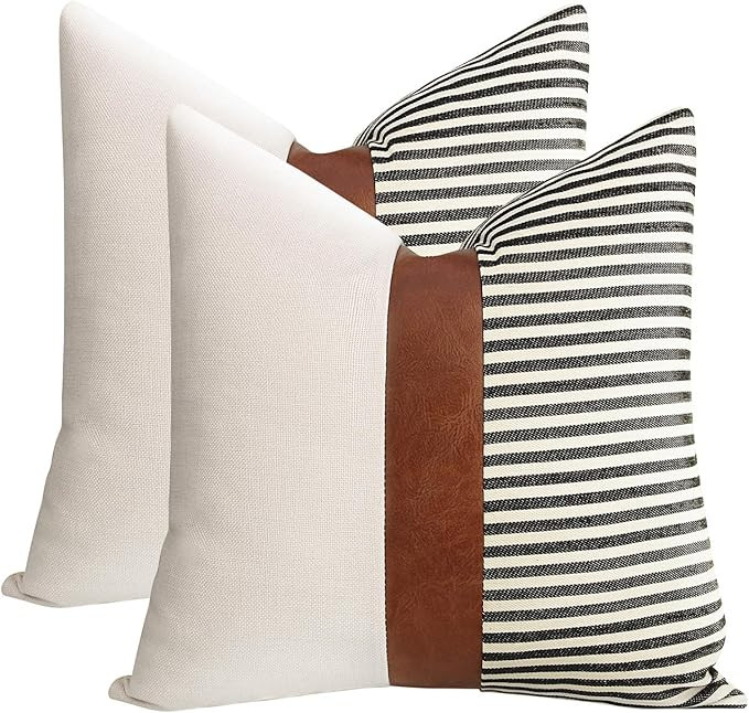 cygnus 20x20 Pillow Covers Set of 2 Farmhouse Decor Stripe Patchwork Linen Throw Pillow Covers Mo... | Amazon (US)