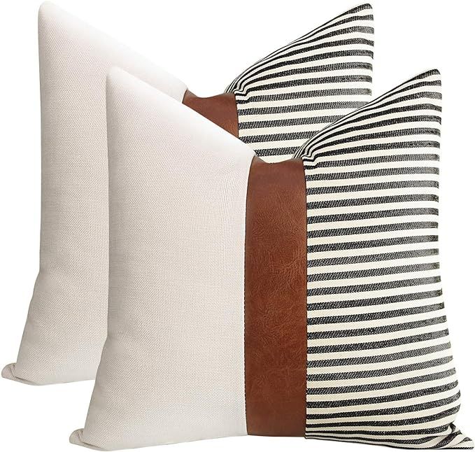 cygnus 20x20 Pillow Covers Set of 2 Farmhouse Decor Stripe Patchwork Linen Throw Pillow Covers Mo... | Amazon (US)